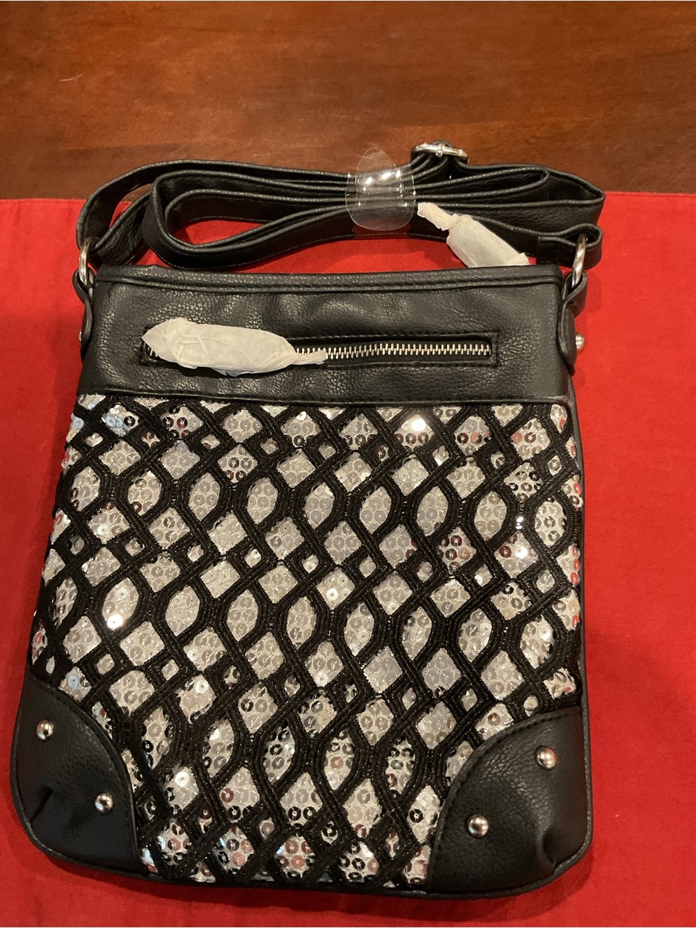 Black Sequin Crossbody Bag with Lattice Detailing